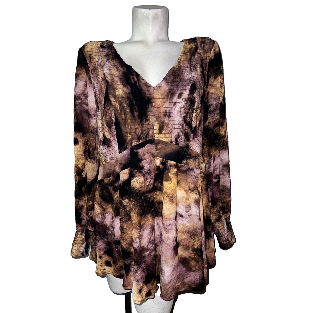 Torrid Womens 1 1X Brown Purple Tie Dye Smocked V-Neck Empire Waist Peplum Top